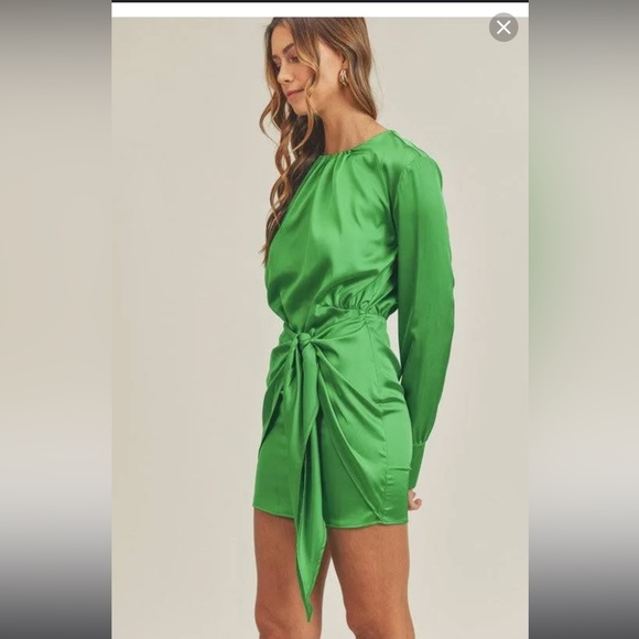 These Three Boutique Mable Satin Front Tie Mini Dress in Kelly Green - Picture 4 of 9